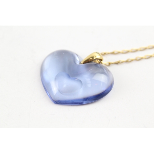 271 - Lalique Glass Blue Heart Pendant w/ Gold Tone Chain 13g