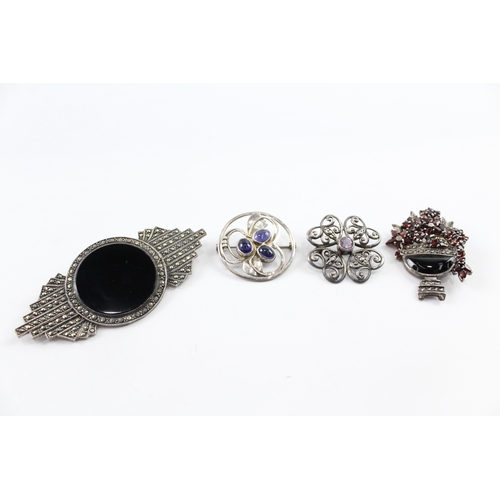 283 - Collection of Sterling Silver Brooches inc. Marcasite, Garnet, Amethyst x 4 58g