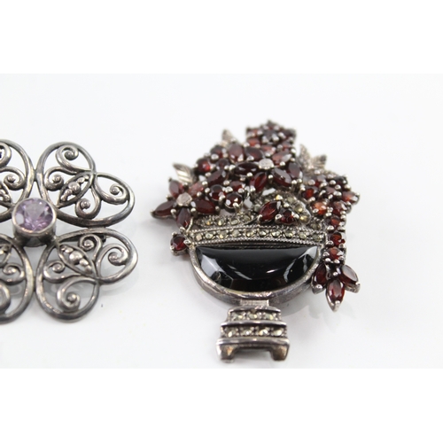 283 - Collection of Sterling Silver Brooches inc. Marcasite, Garnet, Amethyst x 4 58g