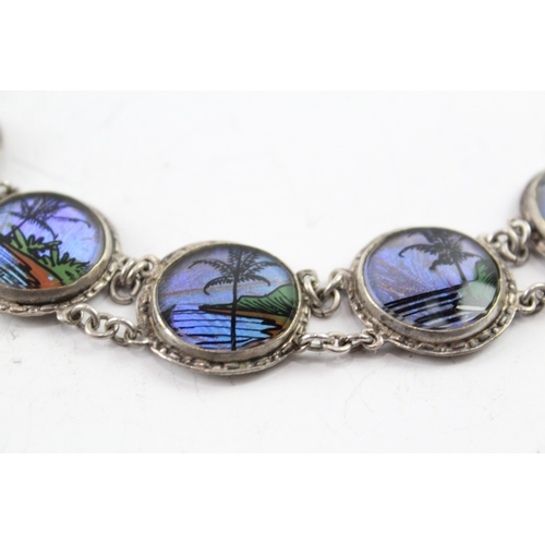 295 - Vintage Butterfly Wing Panel Bracelet w/ Tropical Scenes 20g