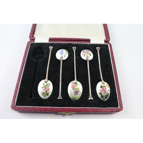 317 - 5 x Vintage 1959 Birmingham Sterling Silver Guilloche Enamel Spoons Cased 50g