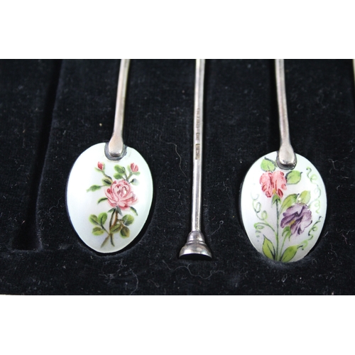 317 - 5 x Vintage 1959 Birmingham Sterling Silver Guilloche Enamel Spoons Cased 50g