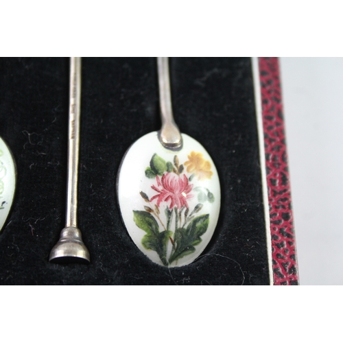 317 - 5 x Vintage 1959 Birmingham Sterling Silver Guilloche Enamel Spoons Cased 50g