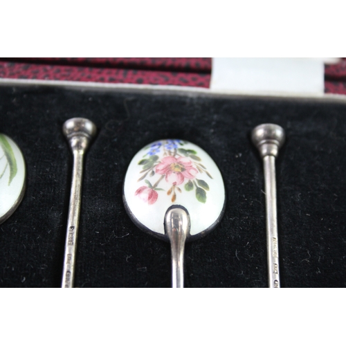 317 - 5 x Vintage 1959 Birmingham Sterling Silver Guilloche Enamel Spoons Cased 50g