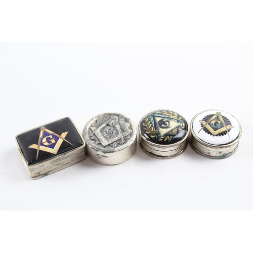 346 - 4 x Vintage .925 Sterling Silver Masonic Pill / Trinket Boxes Inc Enamel (63g)