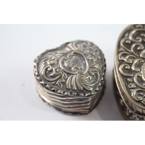 367 - 2 x Antique Hallmarked .925 Sterling Silver Heart Shaped Pill Trinket Boxes 50g