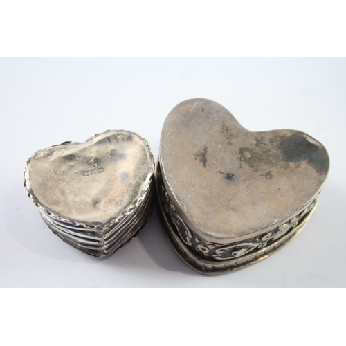 367 - 2 x Antique Hallmarked .925 Sterling Silver Heart Shaped Pill Trinket Boxes 50g