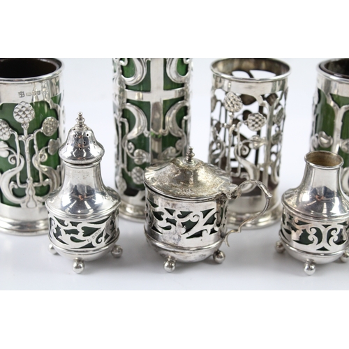 371 - 8 x Antique ART NOUVEAU .925 Sterling Silver Cased Ceramic Pots Etc (1165g)