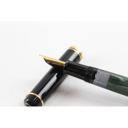 455 - Vintage Pelikan M150 Green Marble & Black Fountain Pen w/ Gold Plate Nib WRITING