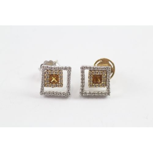 112 - 9ct gold citrine and diamond square stud earrings