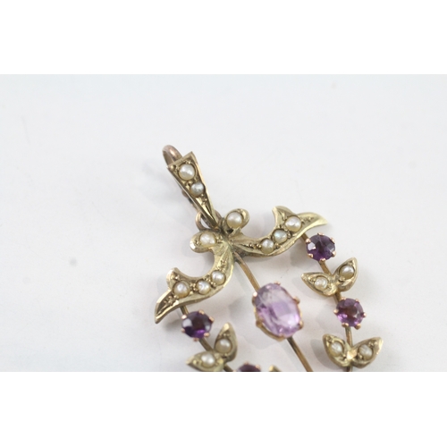 191 - 9ct gold amethyst and pearl lavalliere drop pendant