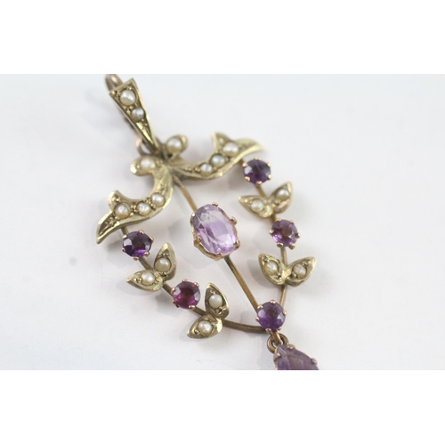 191 - 9ct gold amethyst and pearl lavalliere drop pendant