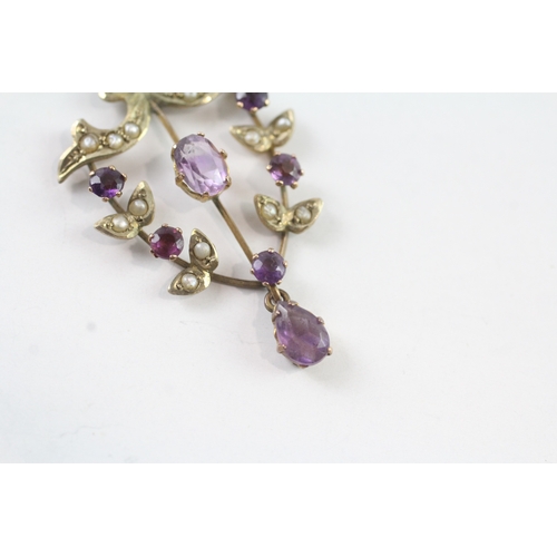 191 - 9ct gold amethyst and pearl lavalliere drop pendant