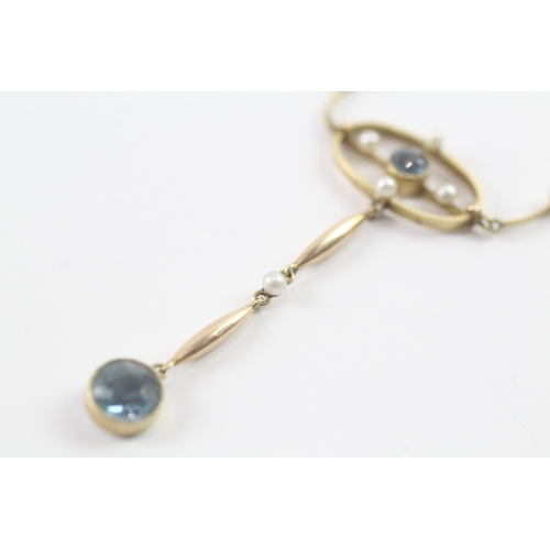 192 - 15ct gold antique aquamarine & seed pearl drop necklace