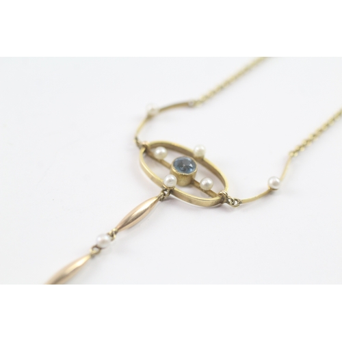 192 - 15ct gold antique aquamarine & seed pearl drop necklace