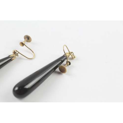 193 - 9ct gold onyx drop earrings with screw backs