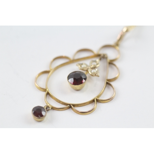 200 - 9ct gold seed pearl and garnet lavalliere pendant on chain