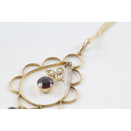 200 - 9ct gold seed pearl and garnet lavalliere pendant on chain