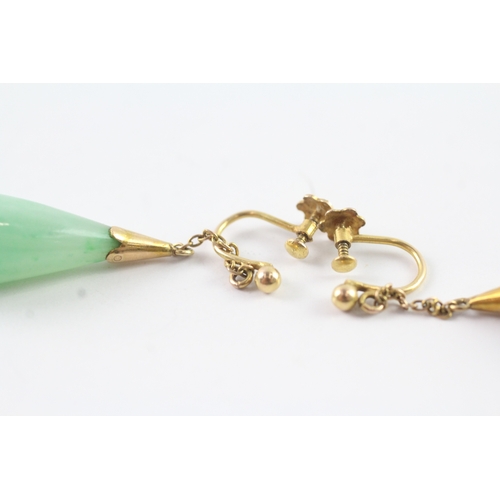 22 - 9ct gold jadeite screw back drop earrings (7.8g)