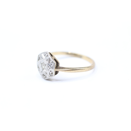 229 - 9ct gold and platinum hexagon detail diamond ring (2.1g) Size N