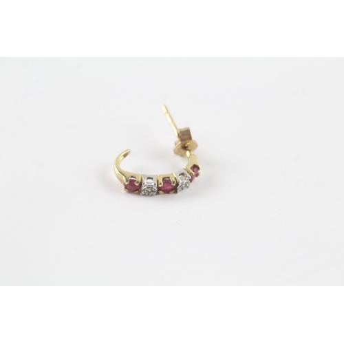 247 - 9ct gold ruby and diamond half hoop stud earrings