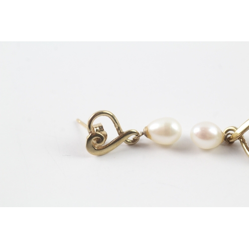 250 - 9ct gold pearl and heart detail drop stud earrings