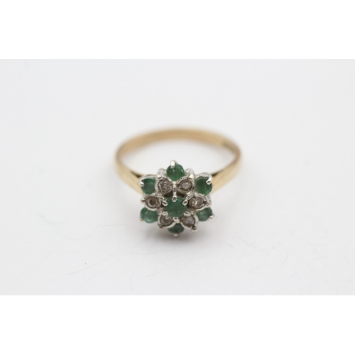 3 - 18ct gold emerald and diamond flower ring (3.2g) Size N