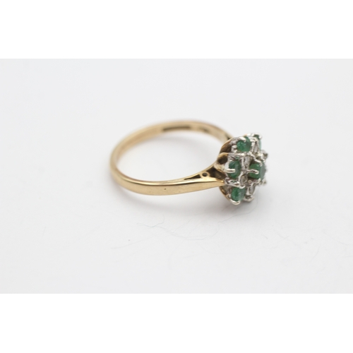 3 - 18ct gold emerald and diamond flower ring (3.2g) Size N