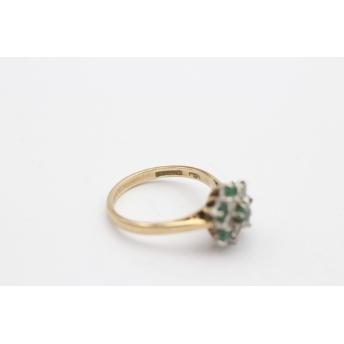 3 - 18ct gold emerald and diamond flower ring (3.2g) Size N