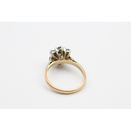 3 - 18ct gold emerald and diamond flower ring (3.2g) Size N