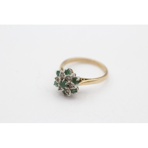 3 - 18ct gold emerald and diamond flower ring (3.2g) Size N