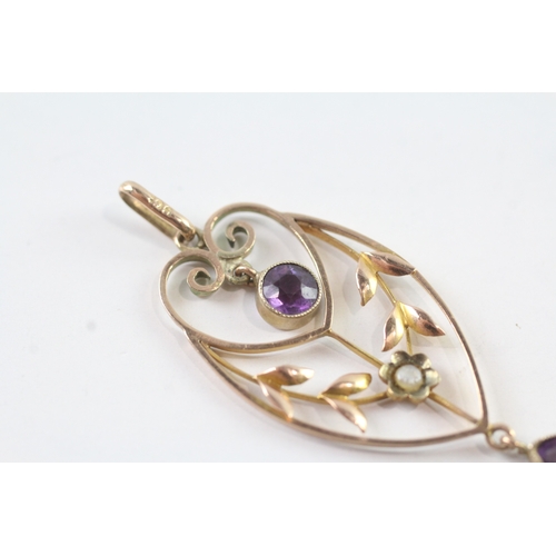 37 - 9ct gold amethyst and pearl lavalliere drop pendant