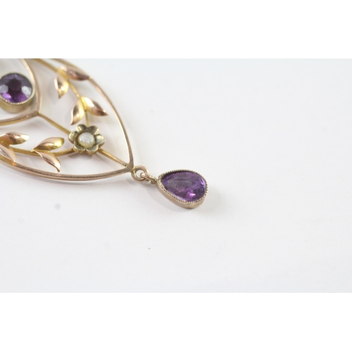 37 - 9ct gold amethyst and pearl lavalliere drop pendant