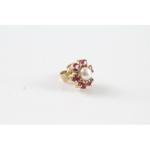 56 - 9ct gold ruby and pearl cluster stud earrings