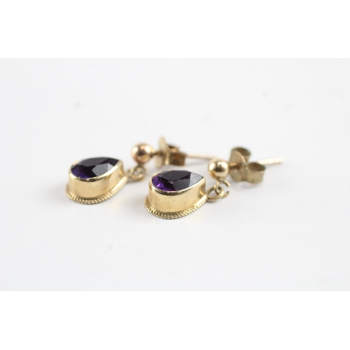 6 - 3 x 9ct gold amethyst stud & drop earrings