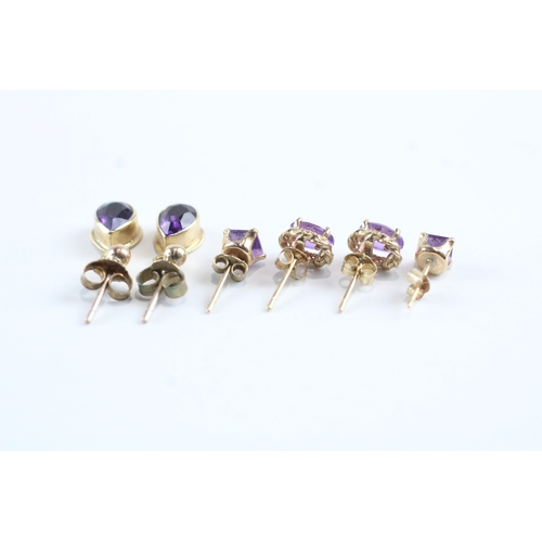 6 - 3 x 9ct gold amethyst stud & drop earrings