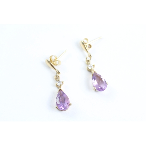 61 - 2x 9ct gold amethyst & cubic zirconia drop earrings & necklace