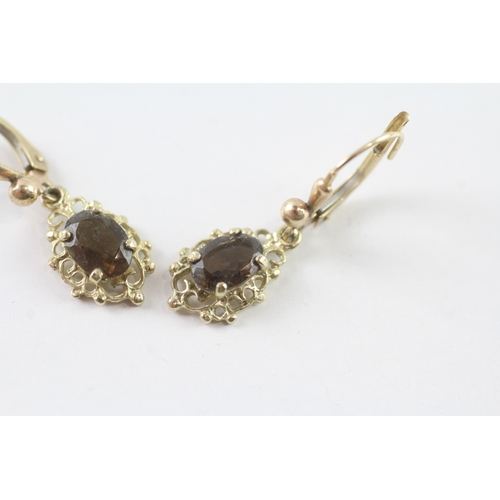 70 - 9ct gold smoky quartz drop earrings