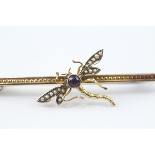 77 - 9ct gold vintage amethyst & seed pearl dragonfly bar brooch (3.5g)