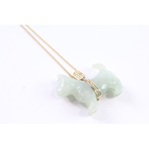 91 - 9ct gold jadeite pendant on chain (12.8g)