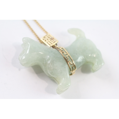 91 - 9ct gold jadeite pendant on chain (12.8g)