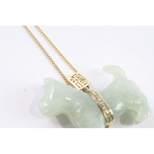 91 - 9ct gold jadeite pendant on chain (12.8g)