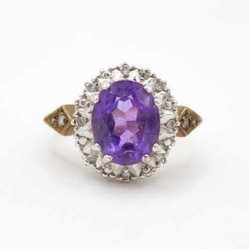 159 - 9ct gold vintage amethyst & diamond cluster ring (4.6g) Size L