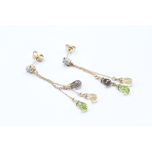 124 - 9ct gold, diamond, Smokey quartz, green and yellow gemstone drop stud earrings (2.5g)