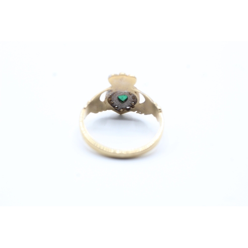 127 - 9ct gold green and white gemstone Claddagh ring (3g) Size Q