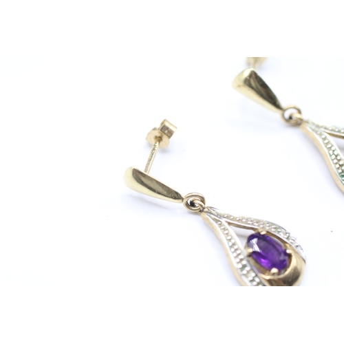 134 - 9ct gold amethyst and diamond drop stud earrings (1.9g)