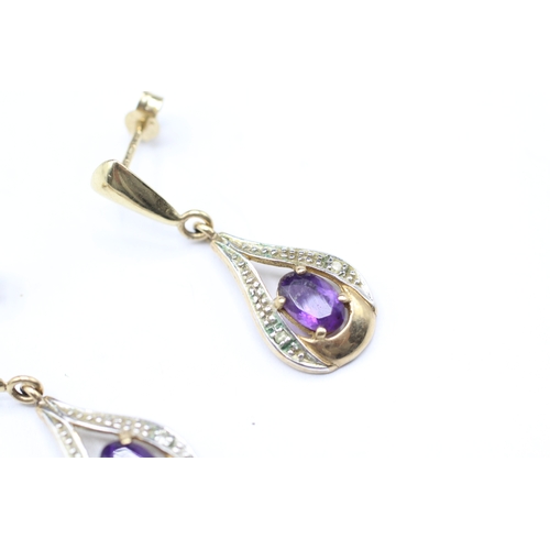 134 - 9ct gold amethyst and diamond drop stud earrings (1.9g)