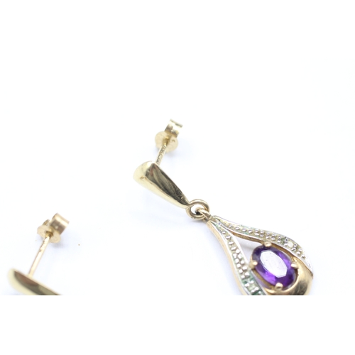 134 - 9ct gold amethyst and diamond drop stud earrings (1.9g)