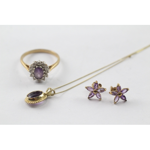 139 - 3 x 9ct gold amethyst and seed pearl jewellery collection (4.3g) Size P 1/2