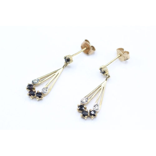 140 - 9ct gold sapphire and diamond drop stud earrings (1.5g)